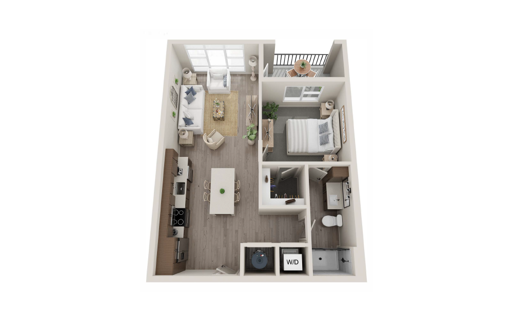 A1A - 1 bedroom floorplan layout with 1 bath and 730 square feet.