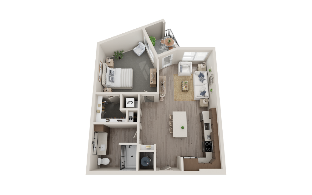 A1B - 1 bedroom floorplan layout with 1 bath and 751 square feet.