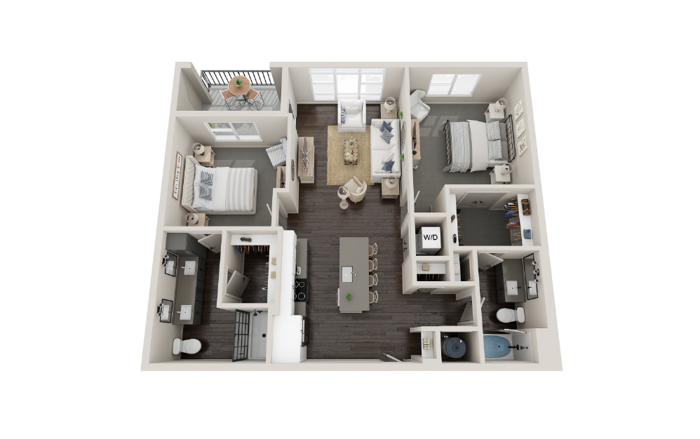 B2A - 2 bedroom floorplan layout with 2 baths and 1147 square feet.
