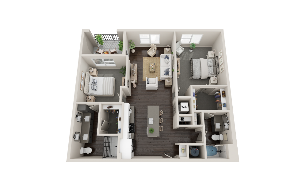 B2D - 2 bedroom floorplan layout with 2 baths and 1188 square feet.