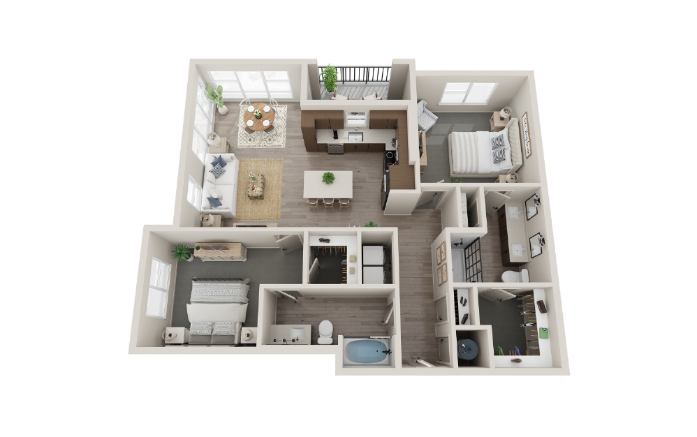 B2E - 2 bedroom floorplan layout with 2 baths and 1191 square feet.