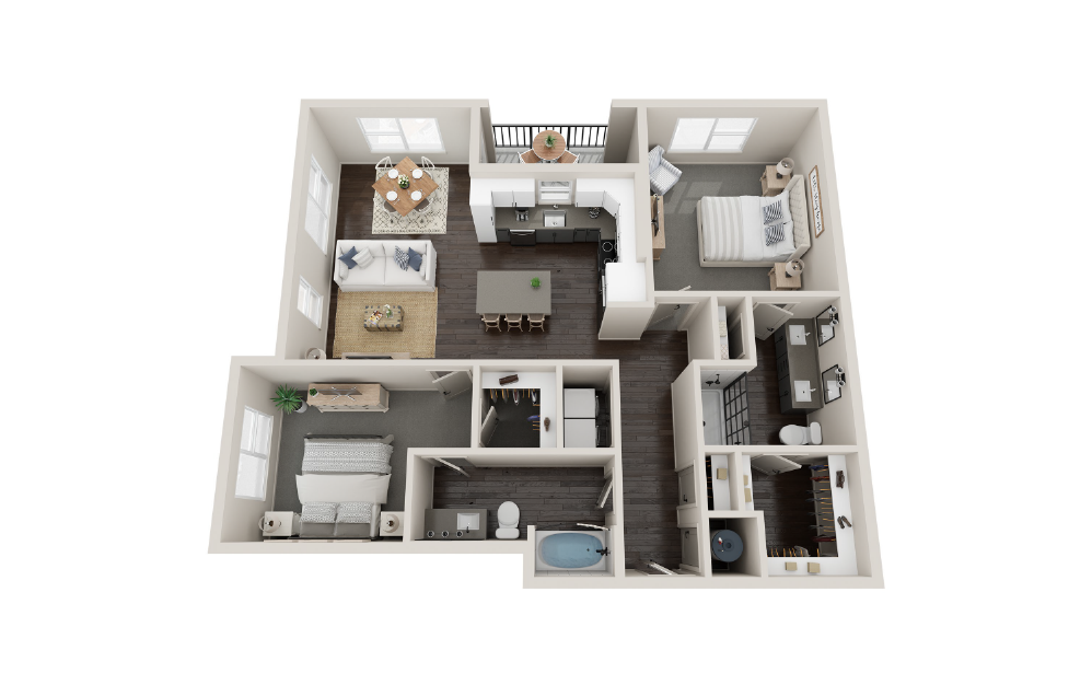 B2F - 2 bedroom floorplan layout with 2 baths and 1211 square feet.