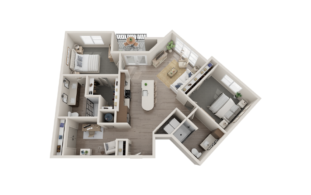 B2G - 2 bedroom floorplan layout with 2 baths and 1361 square feet.