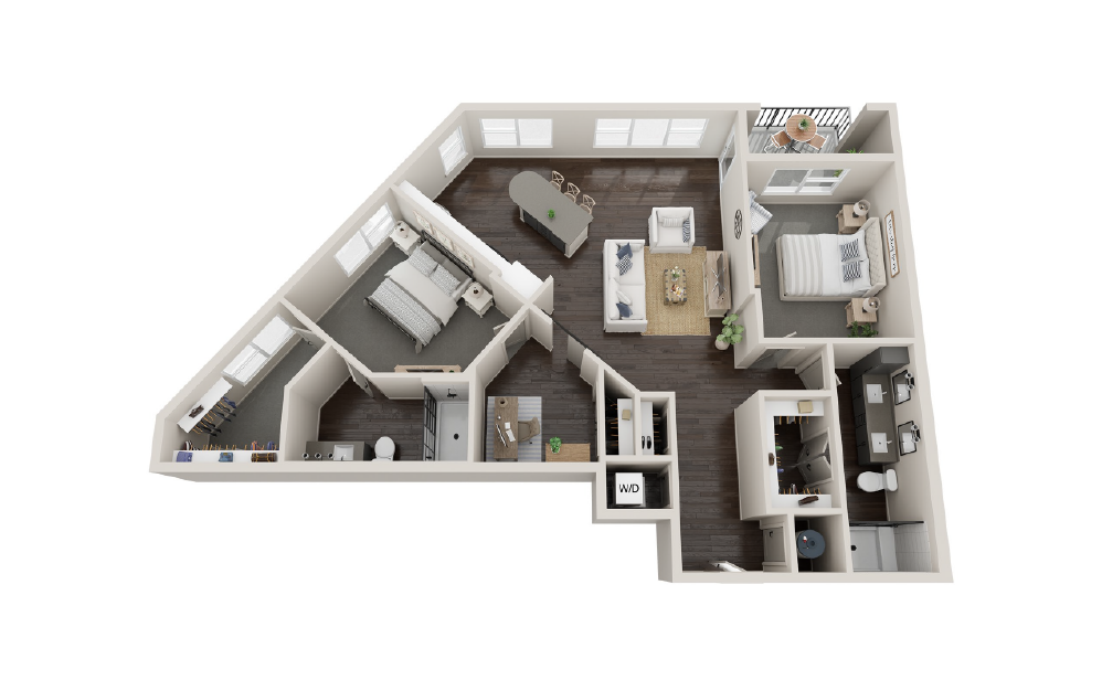 B2H - 2 bedroom floorplan layout with 2 baths and 1432 square feet.