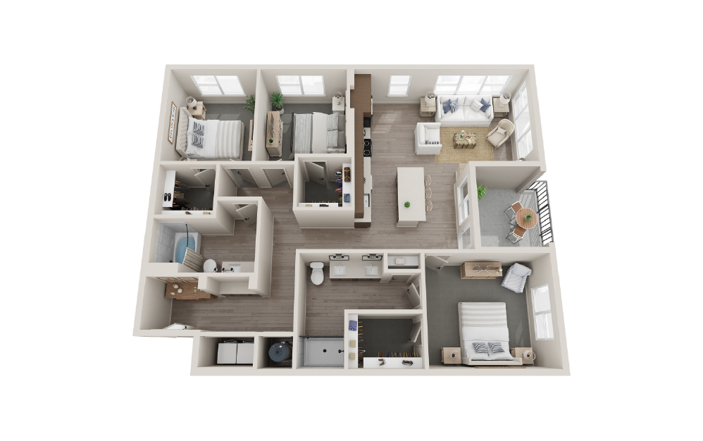 C2A - 3 bedroom floorplan layout with 2 baths and 1480 square feet.