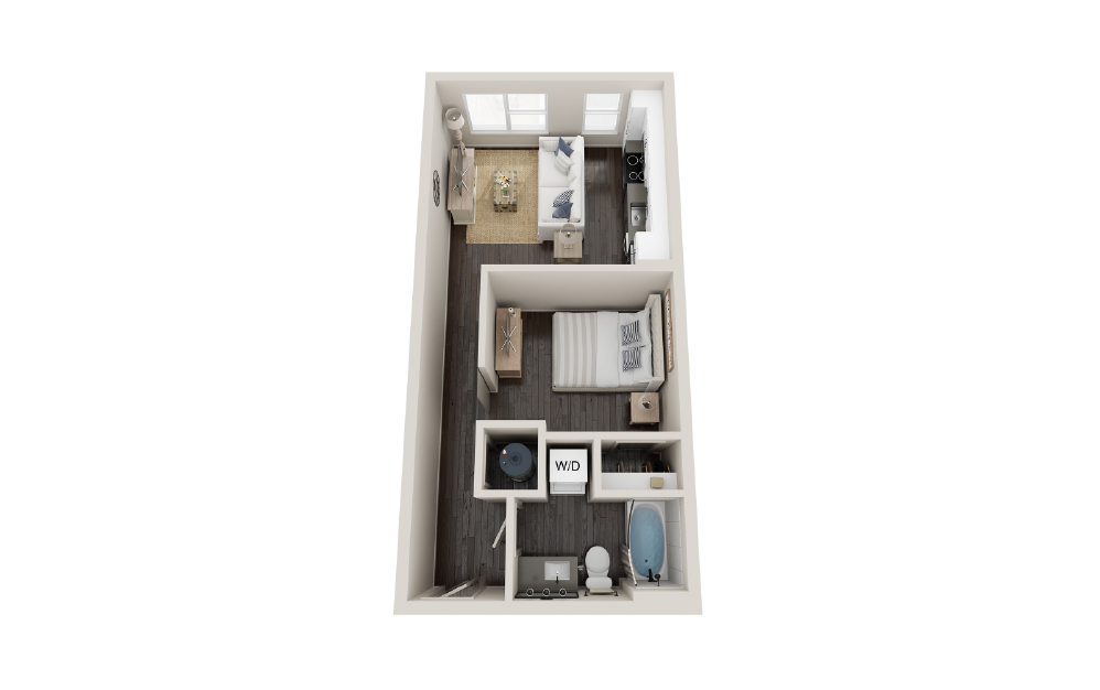 S1B - Studio floorplan layout with 1 bath and 536 square feet.
