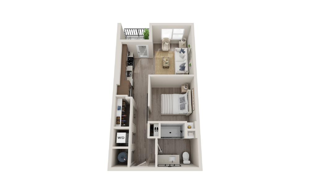 S1D - Studio floorplan layout with 1 bath and 569 square feet.