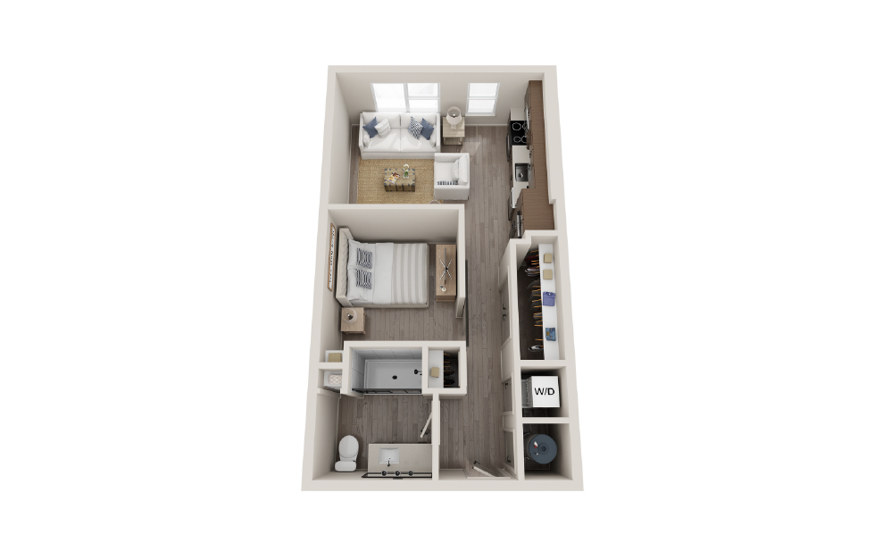 S1E - Studio floorplan layout with 1 bath and 576 square feet.